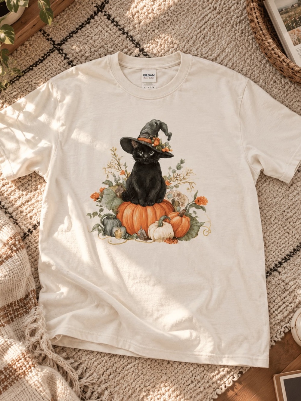 Black Cat and Pumpkin Patch T-Shirt, Halloween Gift for Cat Lovers